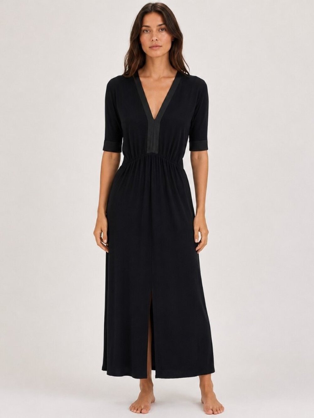 Aura Maxi Dress Black V-Neck Elastic Waist Rayon Slit Women's XS S M Minimalist